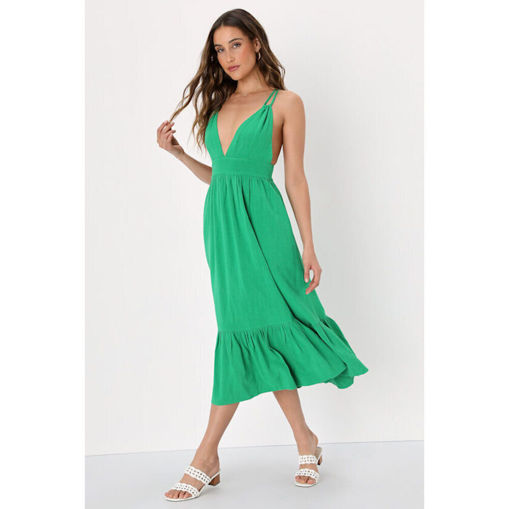 Lulus Warm Weather Wishes Green Strappy Tiered Midi Dress With Pockets - Size S